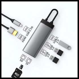 7 In 1 Grey USB-C Hub For 1 x USB-C PD / 1 x 4K HDMI / 1 x USB 2.0 / 1 x USB 3.0 / 1 x USB-C Data 2.0 / 1 x SD / 1 x TF